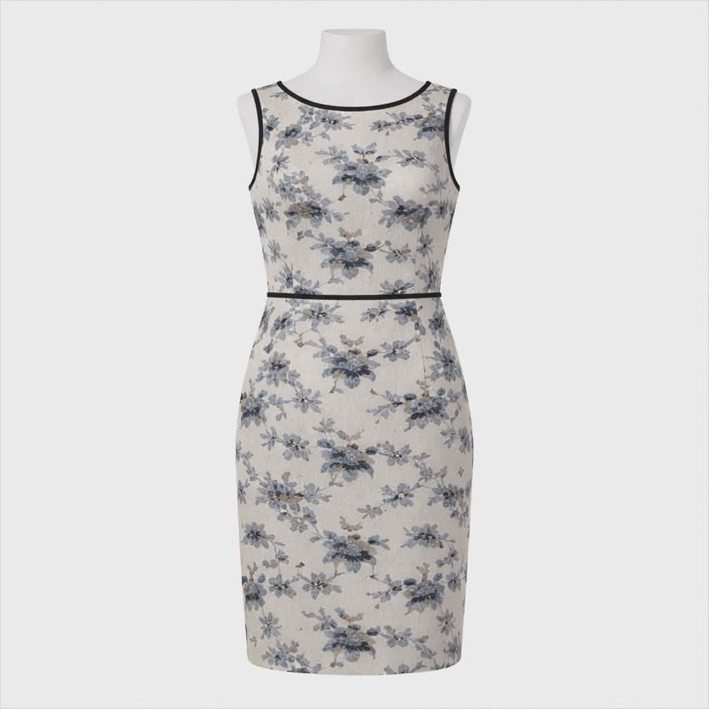 NWOT Sz 10. Ann Taylor Floral & Bird Print Sheath Dress. Beige, silver, navy